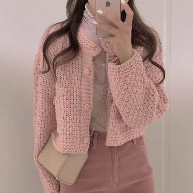 Bigfol-Crew Neck Plain Button-Up Crop Cardigan
