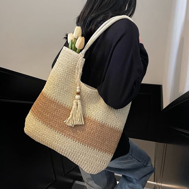 KOCORE-Two Tone Straw Tote Bag