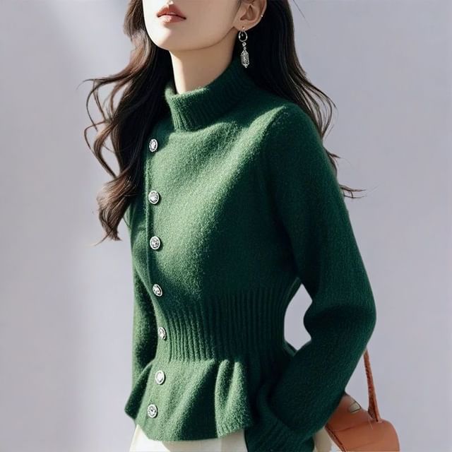 Odestra-Turtleneck Plain Peplum Sweater