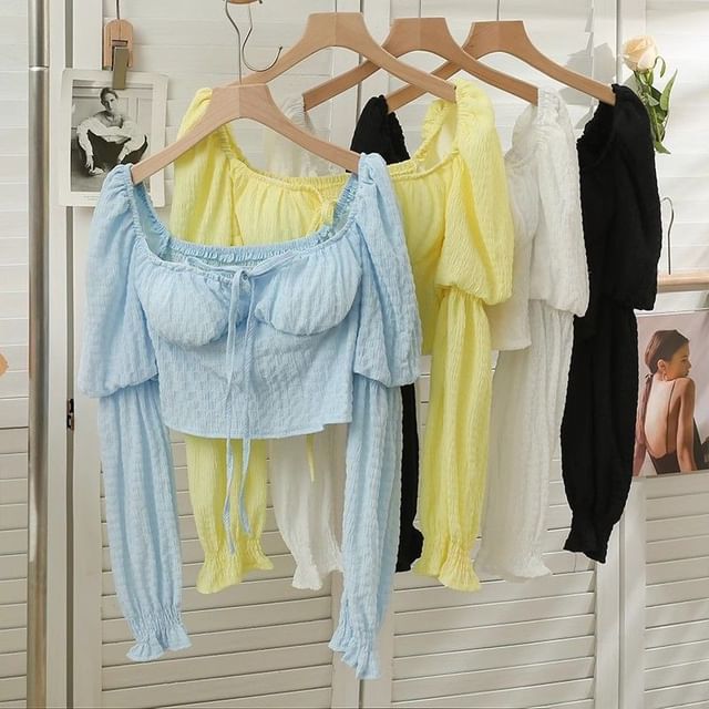 Cloud Nine-Cinched Sleeve Square Neck Plain Tie Front Crop Blouse