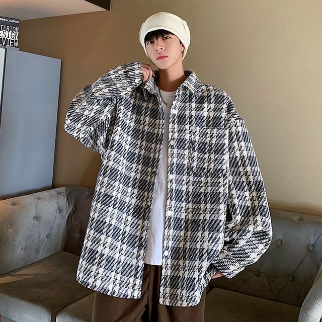 Bay Go Mall-Collared Houndstooth Button Up Shirt Jacket