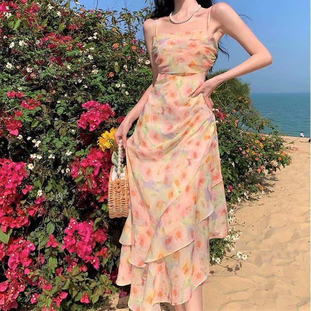 90s floral spaghetti strap dress 90s Dark Floral Maxi Dress S/M – OMNIA main image 0