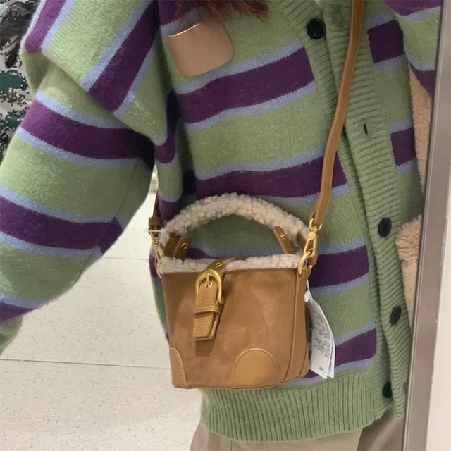 Basaran-Fluffy Trim Buckled Bucket Bag