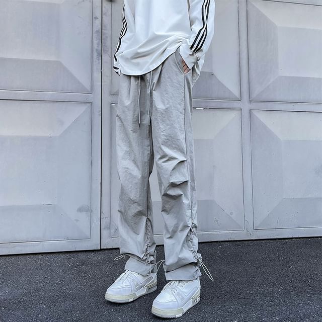 Fushet-Drawstring Waist Plain Straight Leg Sweatpants