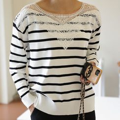 Lemite - Lace-Panel Stripe Knit Top Lemite - Lace-Panel Stripe Knit Top