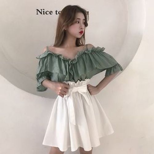 Sisyphi Ruffled Cold Shoulder Blouse A Line Skirt YesStyle