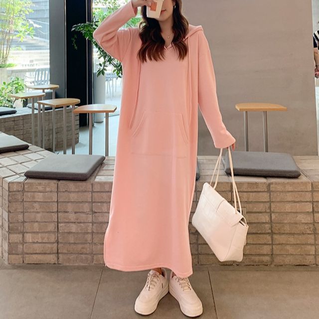 Chiraca Plain Midi Hoodie Dress Pink 2XL