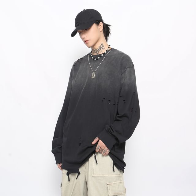 Derbundy-Crew Neck Gradient Distressed Oversized Sweatshirt