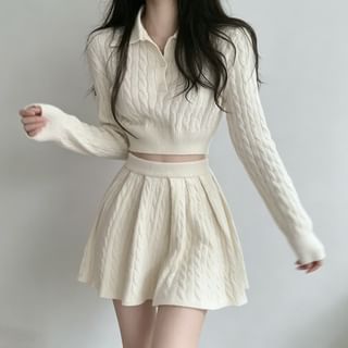 Set: Long-Sleeve Cable Knit Polo Top + Mini A-Line Skirt