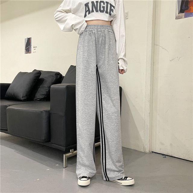 Everose-Elastic Waist Striped Wide Leg Sweatpants