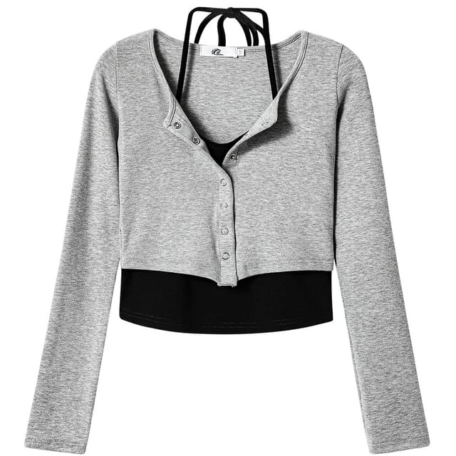 Lady Jean-Mock Two-Piece Long-Sleeve Two-Tone Halter-Neck Button-Up T-Shirt