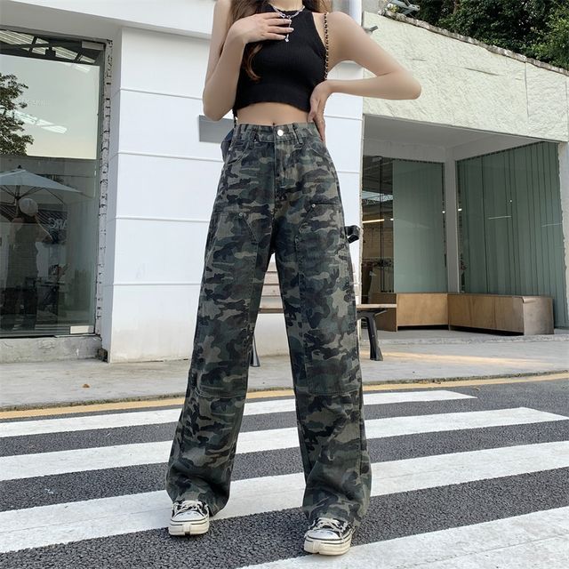Shineon Studio-Mid Rise Camo Wide Leg Cargo Pants