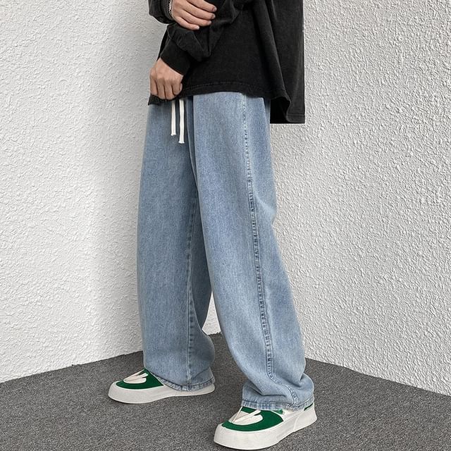 Wolfkane-Drawstring Waist Washed Straight Leg Jeans