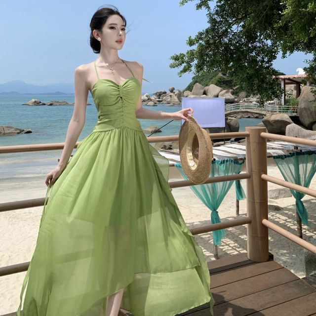 Faiar-Halter Neck Open Back Plain Maxi A-Line Dress