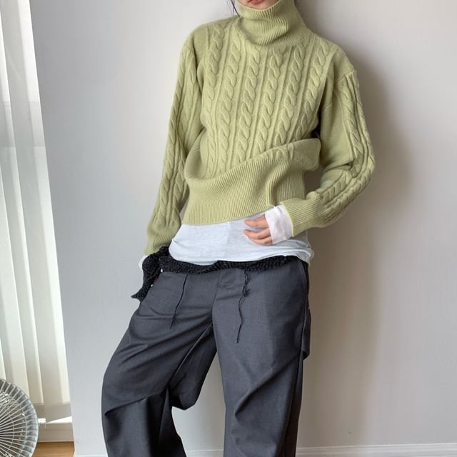 Striinkie-Turtleneck Plain Cable Knit Crop Sweater