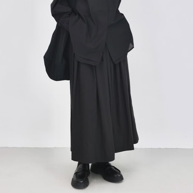 SIMPLE BLACK-Elastic Waist Plain Maxi A-Line Skirt