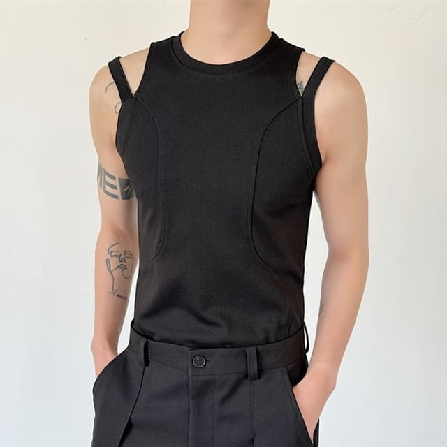 Freehop-Crew Neck Plain Strappy Tank Top