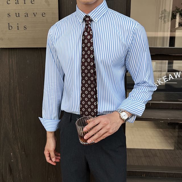 Deepwood-Long Sleeve Collared Striped Shirt