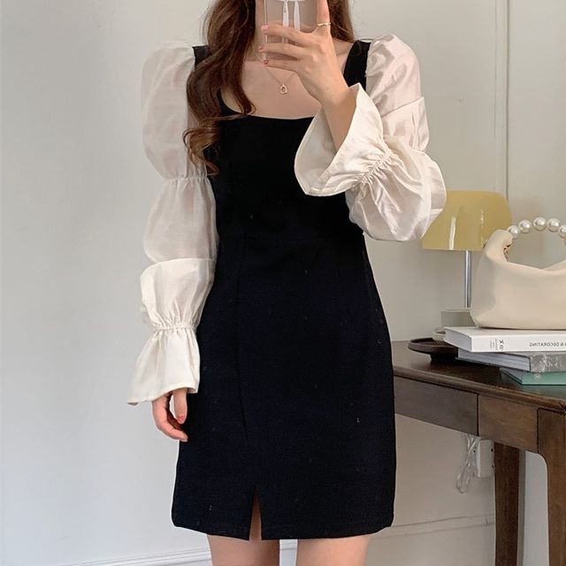 PINPI - Long-Sleeve Square Neck Two Tone Mini A-Line Dress | YesStyle