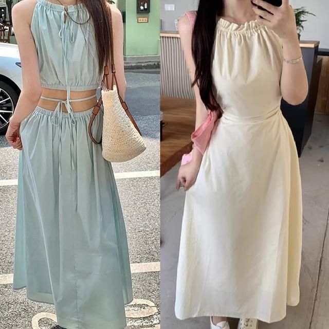 Striinkie-Spaghetti Strap Halter-Neck Plain Open-Back Slim-Fit Midi A-Line Dress