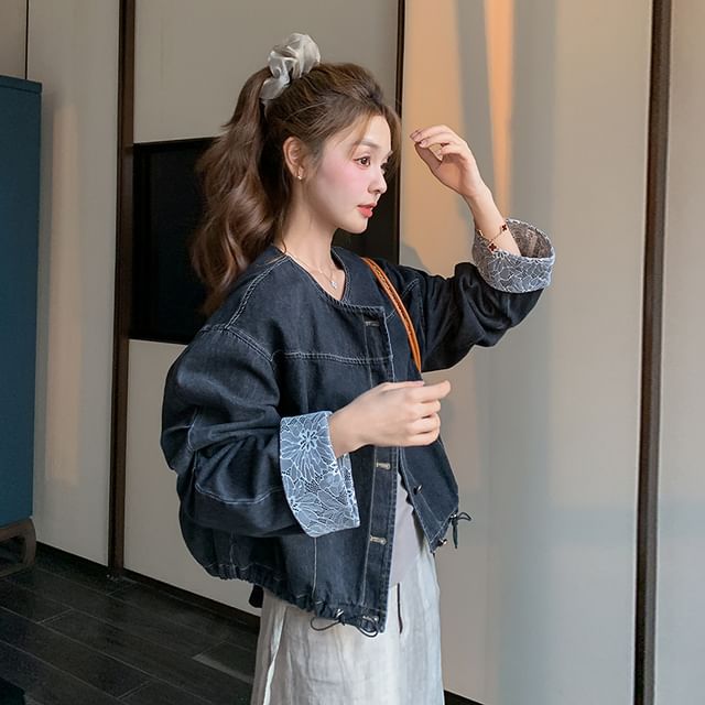 Tzarkozy-Crew Neck Lace Panel Drawstring Hem Button-Up Denim Crop Jacket
