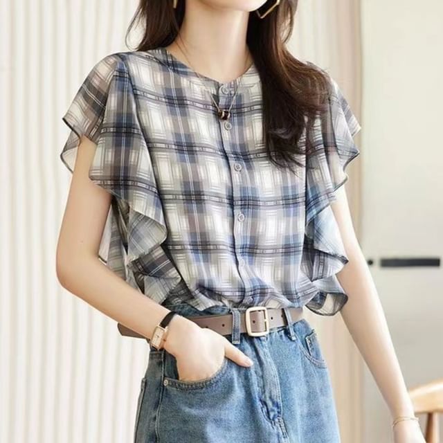 Everose-Cap-Sleeve V-Neck Plaid Shirt