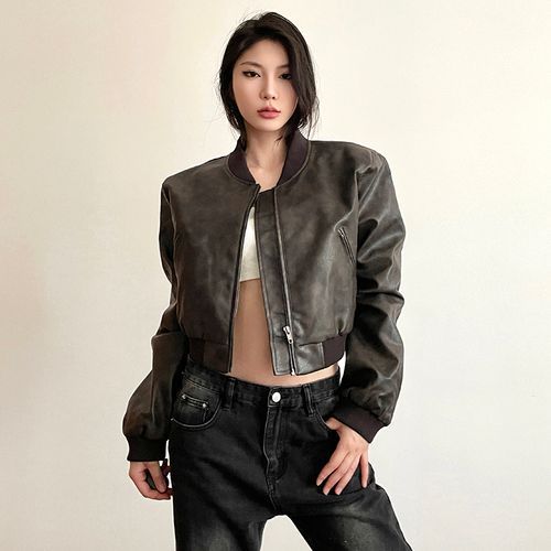 Bababy - Stand Collar Asymmetrical Faux Leather Zip-Up Crop Jacket