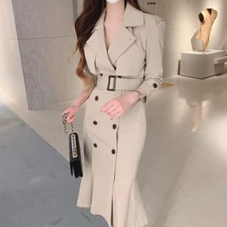 Aurora Long-Sleeve Collar Plain Double-Breasted Midi Mermaid Dress Sale