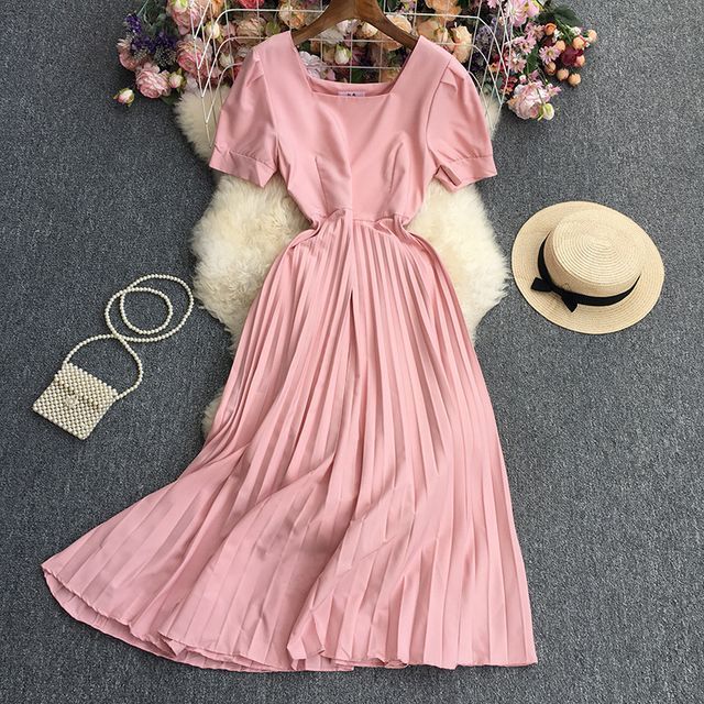 Polkaping - Short-Sleeve Square Neck Plain Accordion Pleated Midi A-Line  Dress | YesStyle