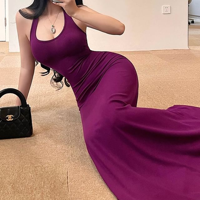 RainGirl-Halter Open Back Maxi Sheath Dress