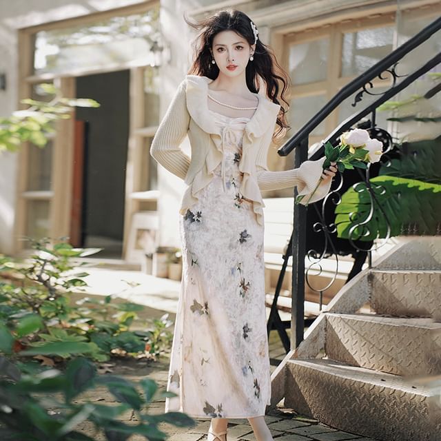 Set: Spaghetti Strap Floral Print Midi A-Line Dress + Plain Ruffled Flared-Cuff Shrug Set: Spaghetti Strap Floral Print Midi A-Line Dress + Plain Ruffled Flared-Cuff Shrug