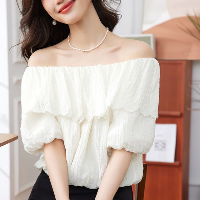 Everose-Puff-Sleeve Off Shoulder Plain Blouse