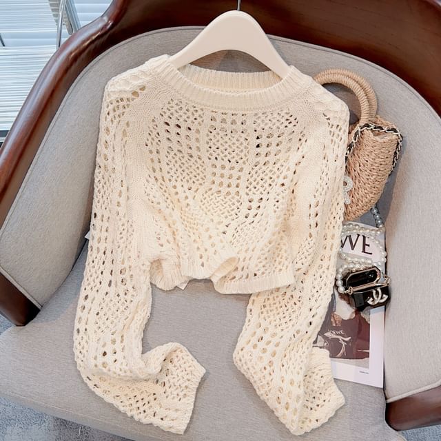 Isaaca-Long-Sleeve Crew Neck Plain Perforated Crop Knit Top
