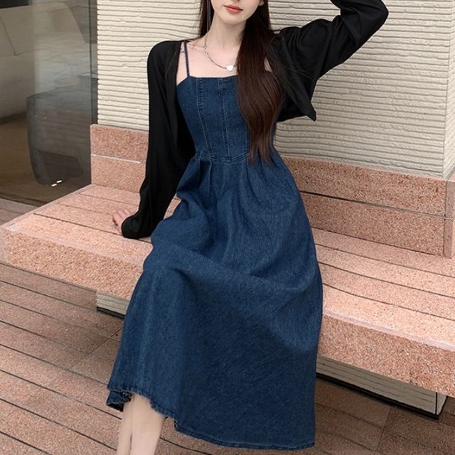 Maine Spaghetti Strap Square Neck Midi A-Line Denim Dress