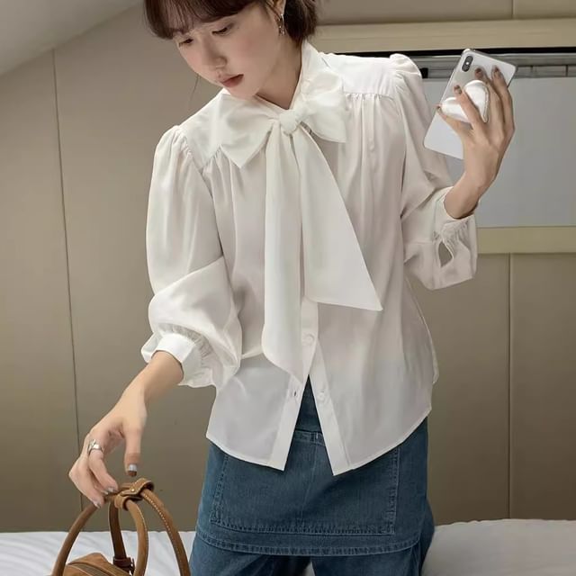 Jesong Long Sleeve Tie Neck Bowknot Plain Blouse YesStyle