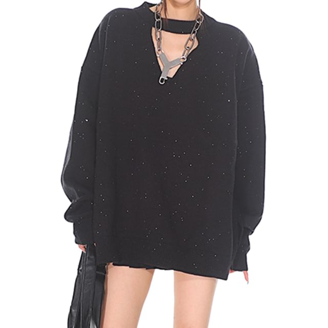 SPUCIKLEI-Round Neck Plain Glitter Cutout Oversized Sweater