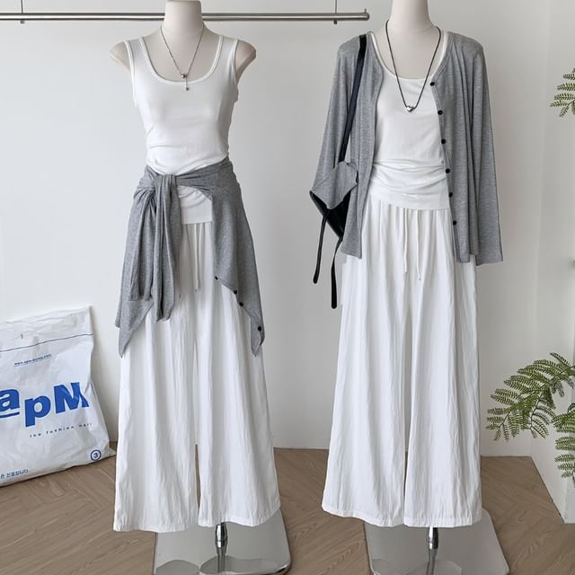 Dute-Set V-Neck Plain Cardigan Scoop Neck Plain Tank Top Drawstring Waist Wide Leg Pants