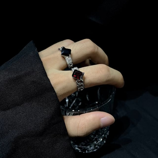 Black Degree-Stainless Steel Rhinestone Open Ring