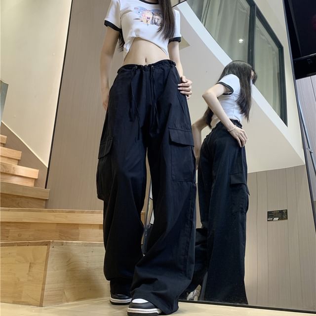 Porstina-Drawstring Waist Plain Baggy Cargo Pants