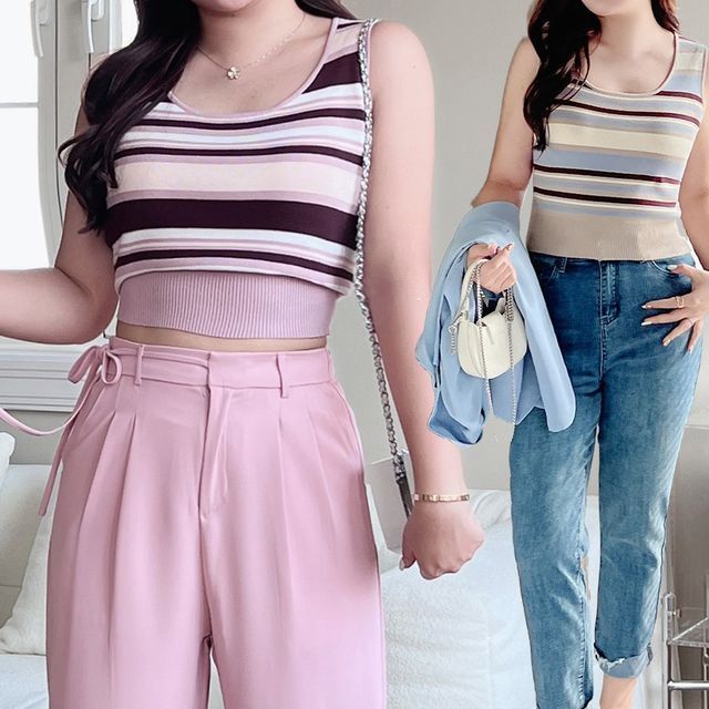 Telipino-Striped Crop Tank Top