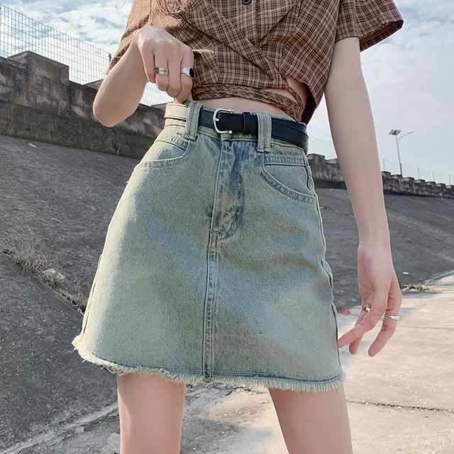 Dovena - High Waist Washed Tassel Trim Mini A-Line Denim Skirt