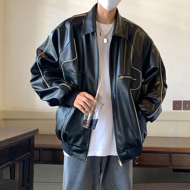 ジャケット・アウター deformation leather jacket oops clothing Macho - Collared Contrast Trim Panel Faux Leather Zip Jacket