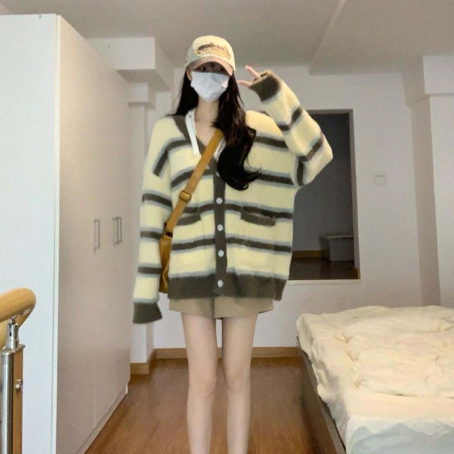 Sienne-V-Neck Striped Button-Up Cardigan