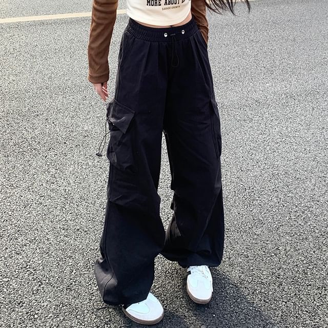 Dovitade-Drawstring Waist Plain Wide Leg Cargo Pants