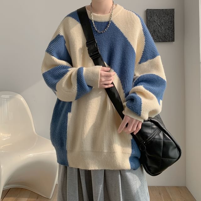 emeisa-Crew Neck Two Tone Sweater