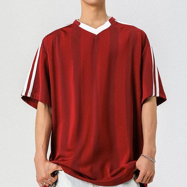 Derbundy-Short Sleeve V-Neck Striped Panel T-Shirt