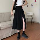 Set: Long-Sleeve Asymmetrical Plain Knit Top + Sleeveless Pleated Midi A-Line Dress