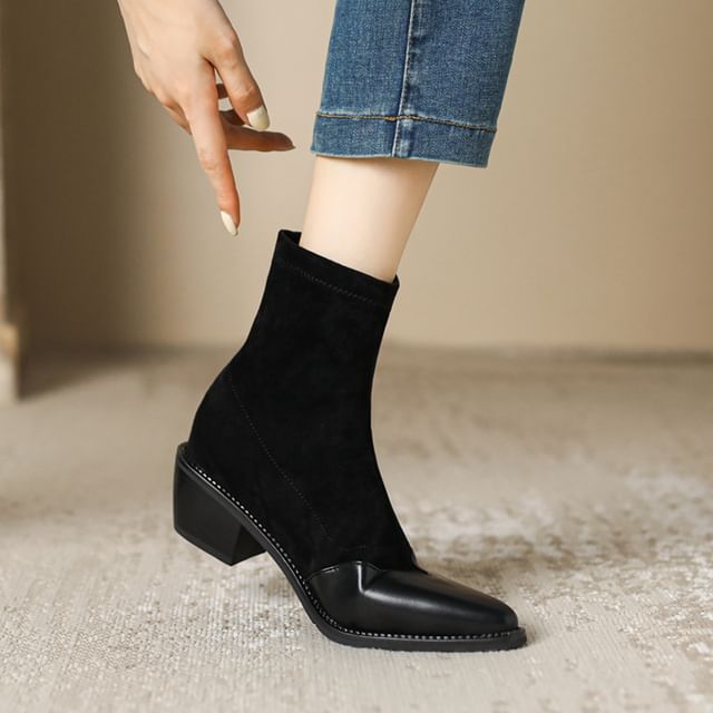Cinnabelle-Pointed Toe Panel Faux Suede Block Heel Short Boots