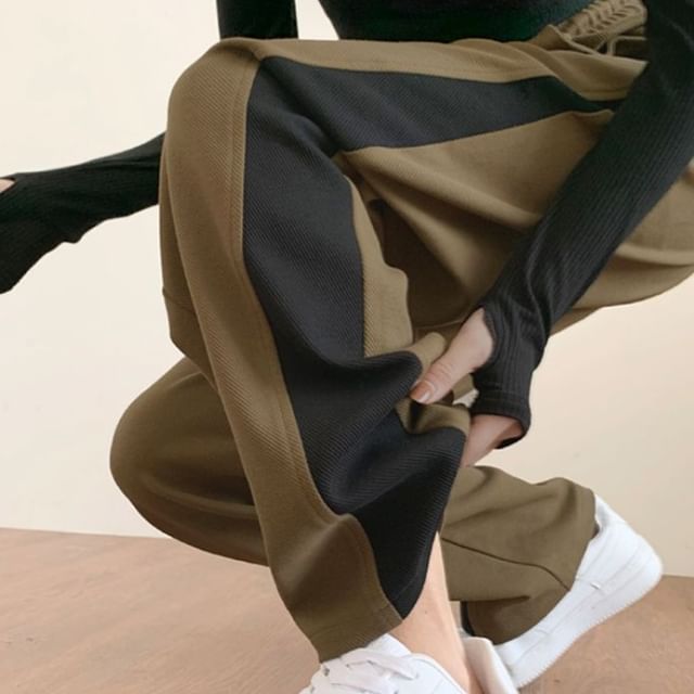 CRIBI-Drawstring Waist Two Tone Loose Fit Pants