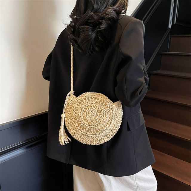 Chestnut Party-Tassel Straw Crossbody Bag